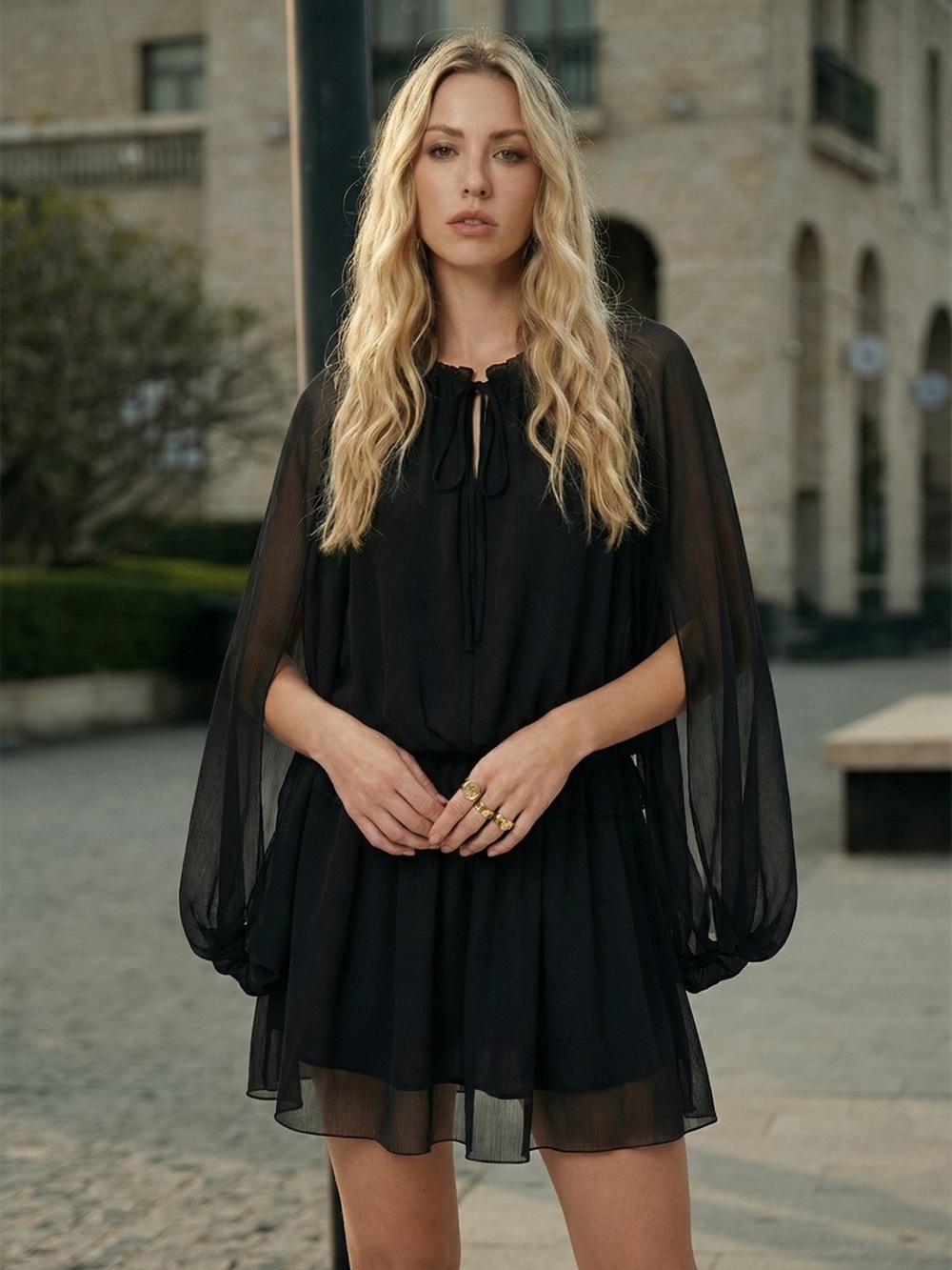 Commense Chiffon Ruffle Tie Neck Long Sleeve Mini Dress